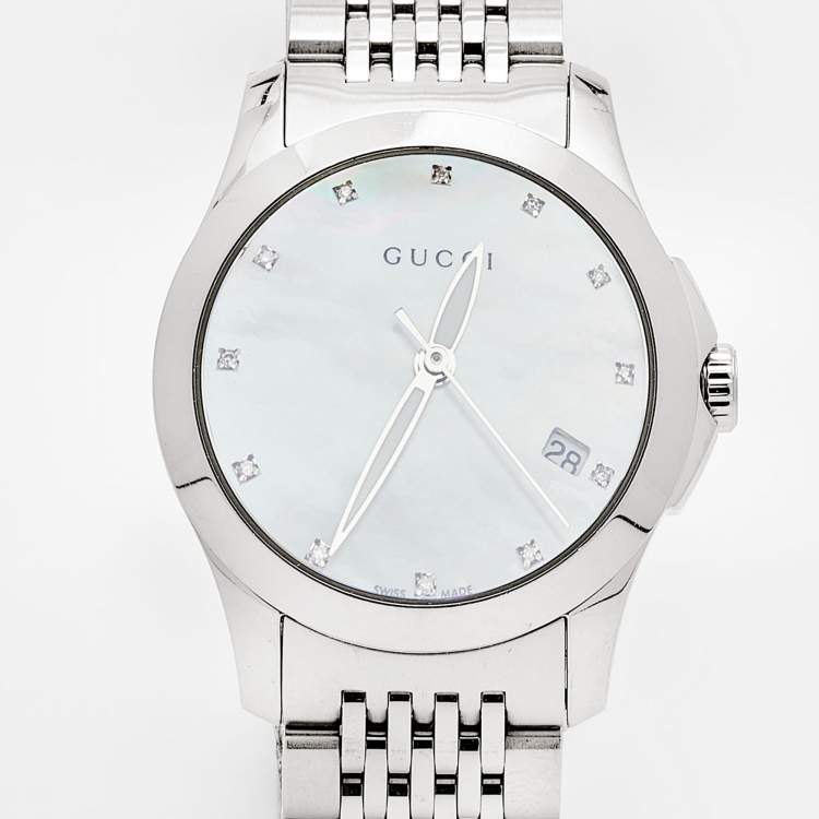 Pre Owned Gucci Mother Of Pearl Stainless Steel Diamond G-Timeless YA126504 Women's Wristwatch 27 mm
