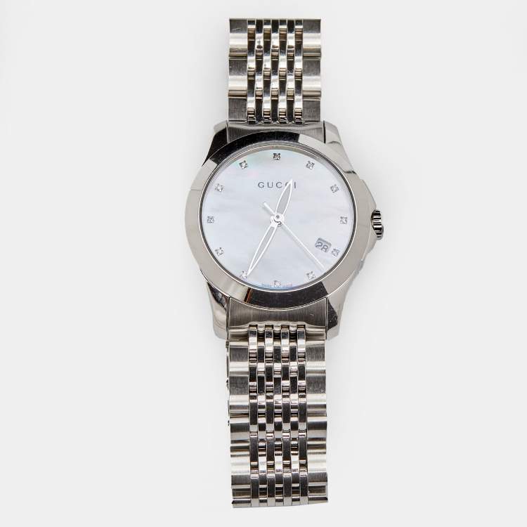 Pre Owned Gucci Mother Of Pearl Stainless Steel Diamond G-Timeless YA126504 Women's Wristwatch 27 mm