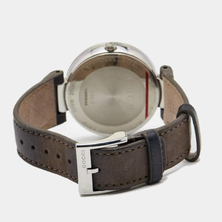 Pre Owned Gucci Grey Stainless Steel Leather Interlocking G 133.3 Women's Wristwatch 37 mm