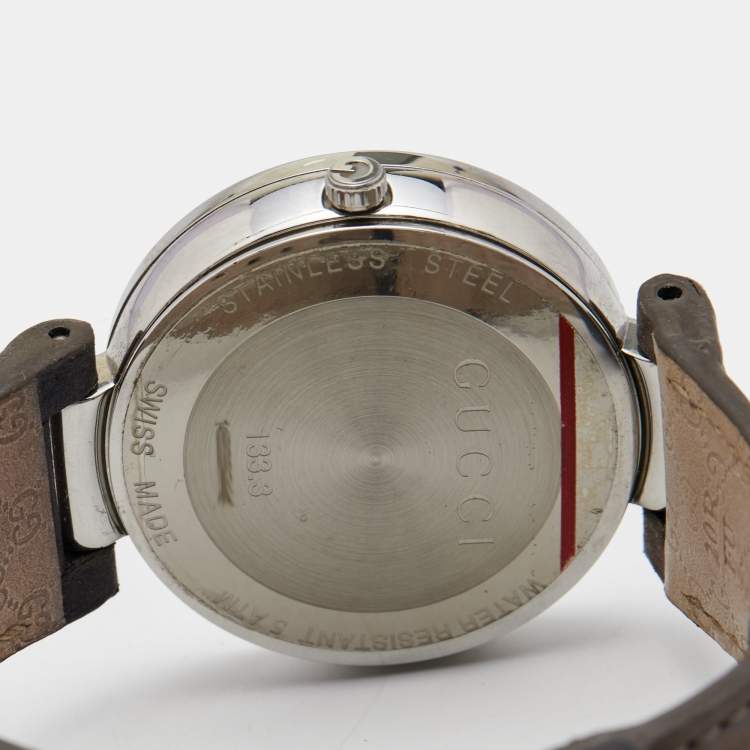 Pre Owned Gucci Grey Stainless Steel Leather Interlocking G 133.3 Women's Wristwatch 37 mm