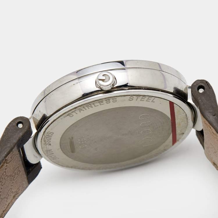 Pre Owned Gucci Grey Stainless Steel Leather Interlocking G 133.3 Women's Wristwatch 37 mm