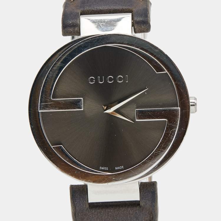Pre Owned Gucci Grey Stainless Steel Leather Interlocking G 133.3 Women's Wristwatch 37 mm