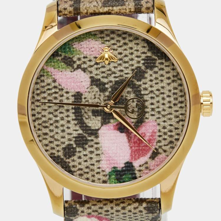 Pre Owned Gucci Pink Blossom Rose Gold Plated Stainless Steel Leather G-Timeless YA1264038 Women's Wristwatch 38 mm 
