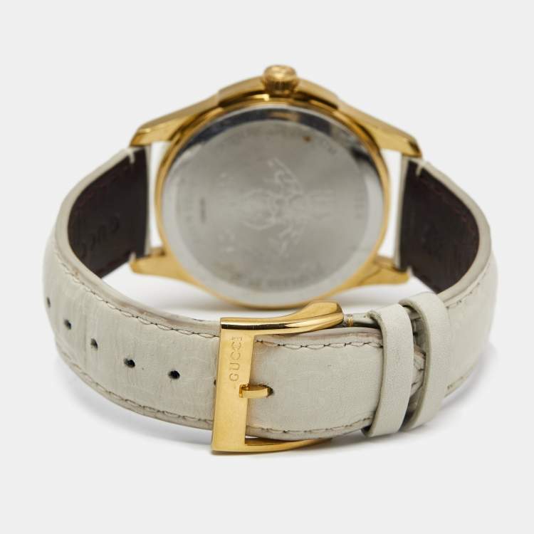 Pre Owned Gucci White Gold Plated Stainless Steel Leather G-Timeless 126.4 Women's Wristwatch 38 mm