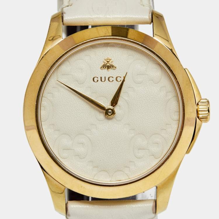 Pre Owned Gucci White Gold Plated Stainless Steel Leather G-Timeless 126.4 Women's Wristwatch 38 mm