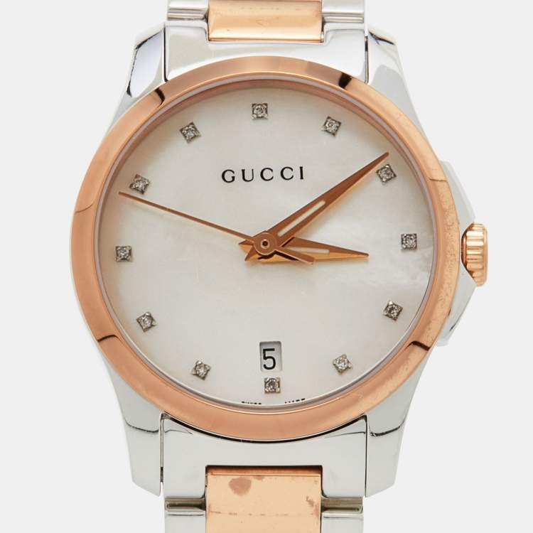 Pre Owned  Gucci Mother Of Pearl Two-Tone Stainless Steel Diamond YA126544 Women's Wristwatch 27 mm