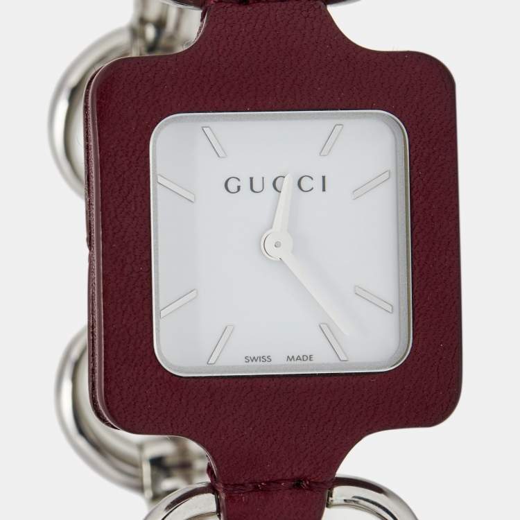 Pre Owned Gucci White Leather Stainless Steel 1921 Horsebit 130.5 Women's Wristwatch 25 mm