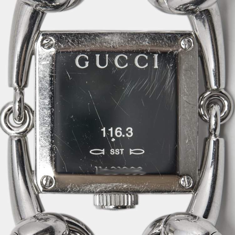 Pre Owned Gucci Mother of Pearl Stainless Steel Diamond Signoria Horsebit 116.3 Women's Wristwatch 25 mm