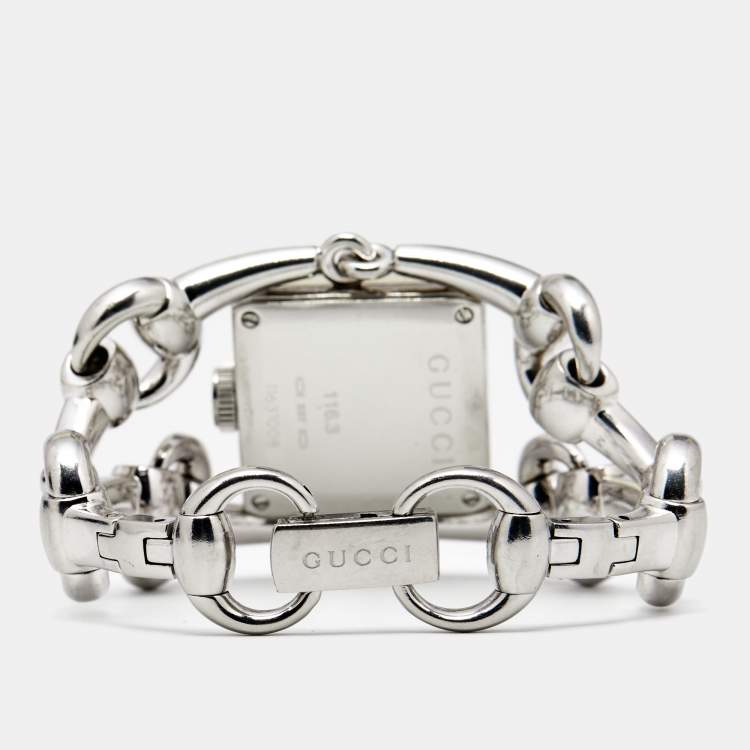 Pre Owned Gucci Mother of Pearl Stainless Steel Diamond Signoria Horsebit 116.3 Women's Wristwatch 25 mm