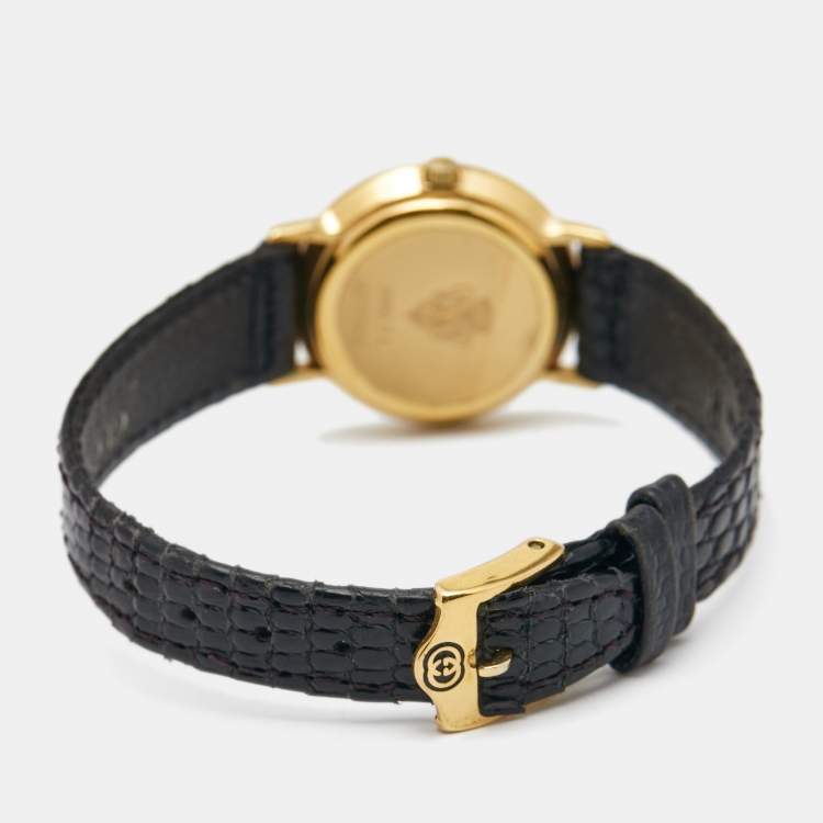 Pre Owned Gucci Black Gold Plated Stainless Steel Leather 3000.2.L Women's Wristwatch 25 mm