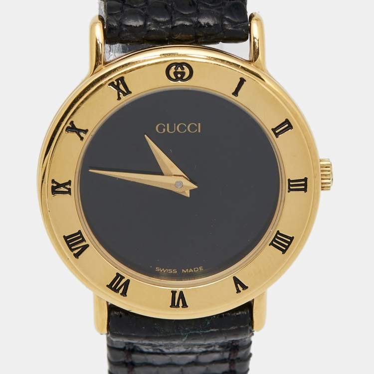 Pre Owned Gucci Black Gold Plated Stainless Steel Leather 3000.2.L Women's Wristwatch 25 mm
