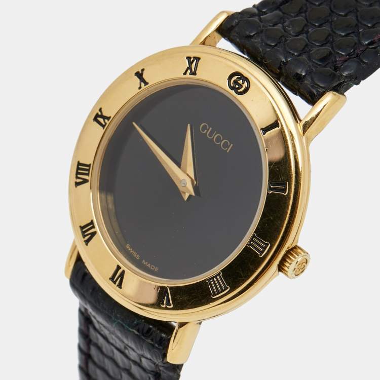 Gucci Black Gold Plated Stainless Steel Leather 3000.2.L Women's