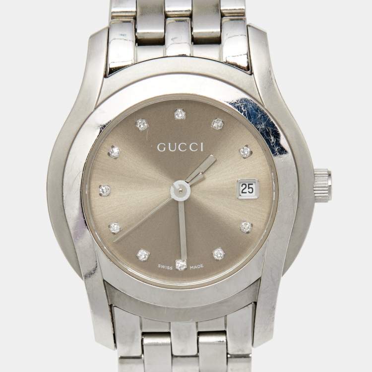 Pre Owned Gucci Brown Stainless Steel Diamond 5500L Women's Wristwatch 27 mm
