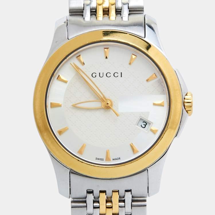 Pre Owned Gucci Silver Two-Tone Stainless Steel G Timeless 126.5 Women's Wristwatch 27 mm