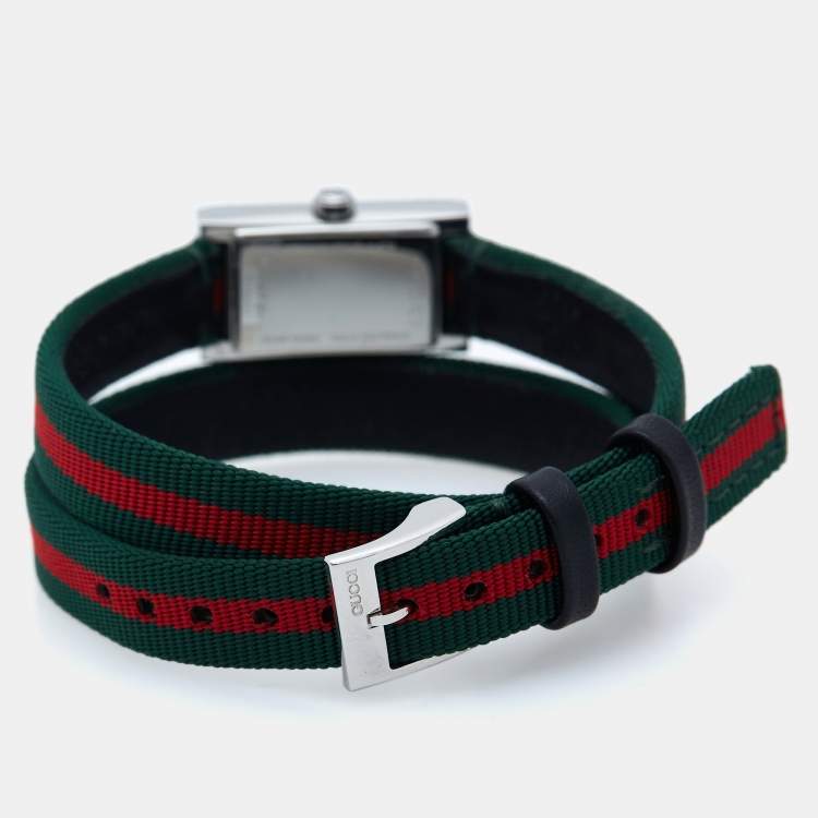 Pre Owned  Gucci Green Red Stainless Steel Canvas Leather G-Frame YA147503 Women's Wristwatch 14 mm