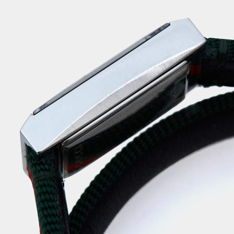 Pre Owned  Gucci Green Red Stainless Steel Canvas Leather G-Frame YA147503 Women's Wristwatch 14 mm