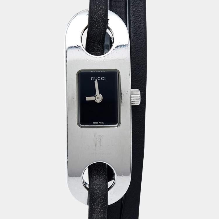 Pre Owned Gucci Black Stainless Steel Leather 6100L Women's Wristwatch 14 mm