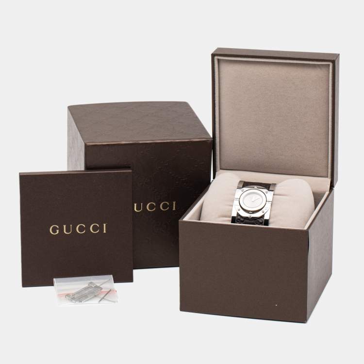 Pre Owned Gucci Brown Stainless Steel Leather Twirl YA112433 Women's Wristwatch 33 mm 