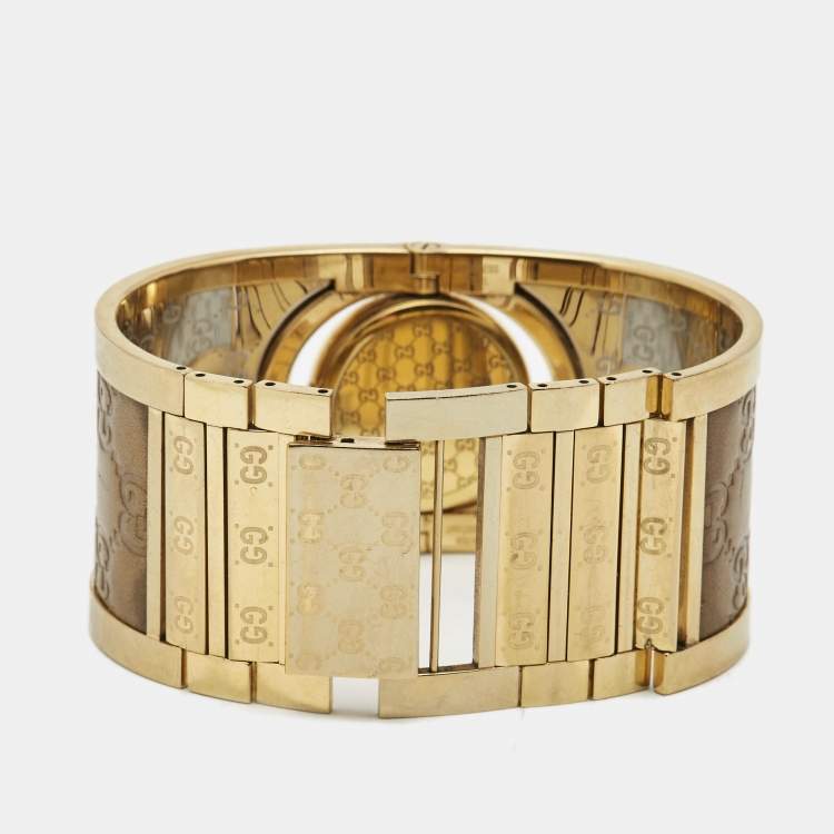 Pre Owned Gucci Brown Two Tone Stainless Steel Leather Twirl YA112434 Women's Wristwatch 33 mm