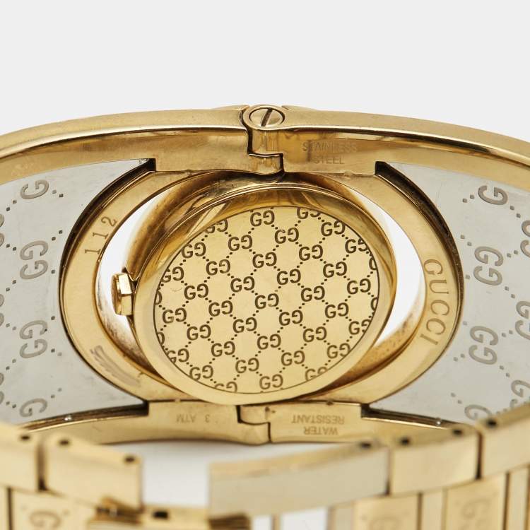 Pre Owned Gucci Brown Two Tone Stainless Steel Leather Twirl YA112434 Women's Wristwatch 33 mm