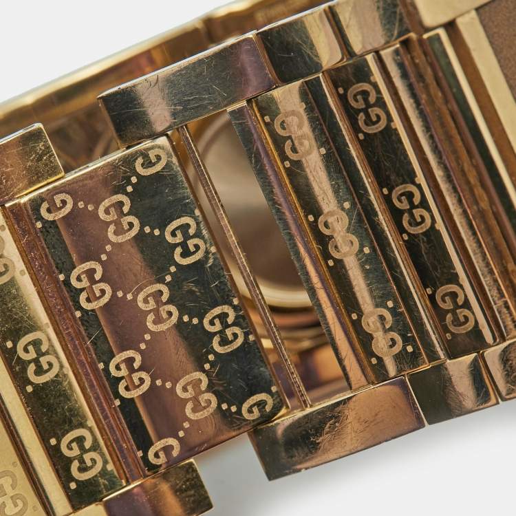 Pre Owned Gucci Brown Two Tone Stainless Steel Leather Twirl YA112434 Women's Wristwatch 33 mm