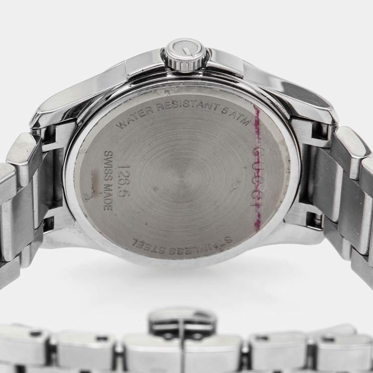 Pre Owned Gucci Silver White Stainless Steel G-Timeless 126.5 Women's Wristwatch 27 mm