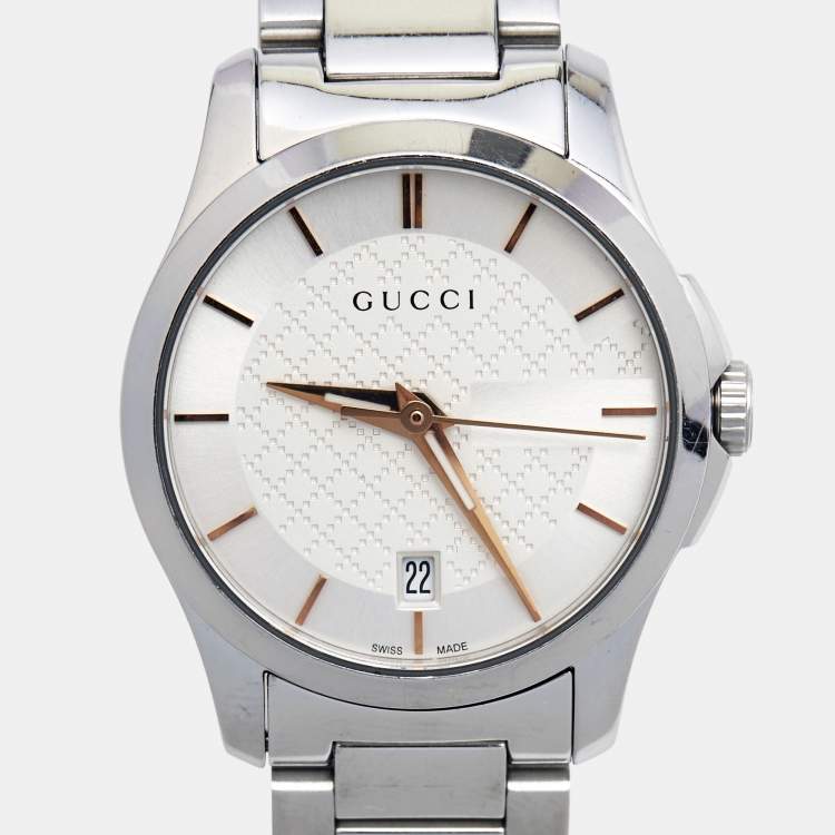 Pre Owned Gucci Silver White Stainless Steel G-Timeless 126.5 Women's Wristwatch 27 mm