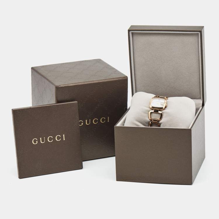 Pre Owned Gucci White Mother of Pearl Gold PVD Coated Stainless Steel Diamond G Series 125.5 Women's Wristwatch 24 mm
