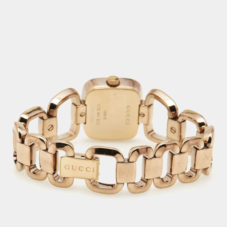 Pre Owned Gucci White Mother of Pearl Gold PVD Coated Stainless Steel Diamond G Series 125.5 Women's Wristwatch 24 mm