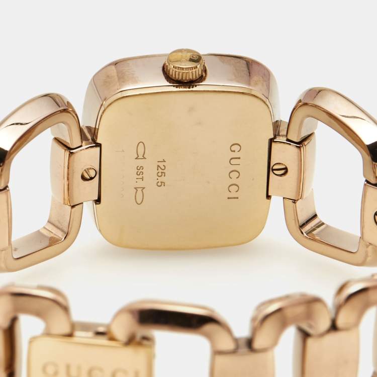 Pre Owned Gucci White Mother of Pearl Gold PVD Coated Stainless Steel Diamond G Series 125.5 Women's Wristwatch 24 mm