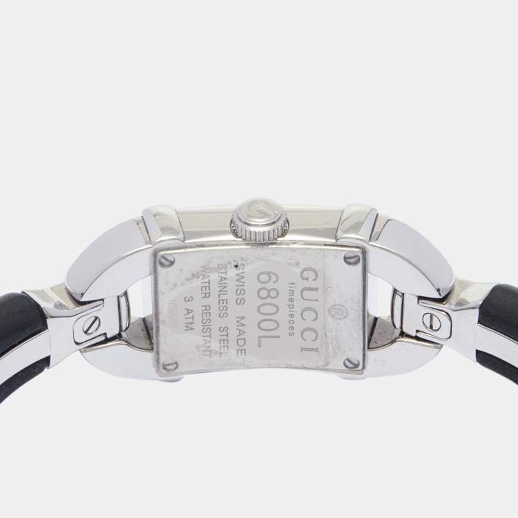 Pre Owned Gucci Silver Diamond Pave Stainless Steel Resin Bamboo 6800L Women's Wristwatch 16 mm