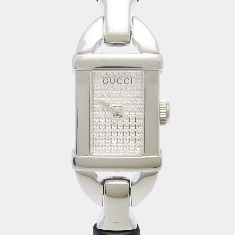 Pre Owned Gucci Silver Diamond Pave Stainless Steel Resin Bamboo 6800L Women's Wristwatch 16 mm