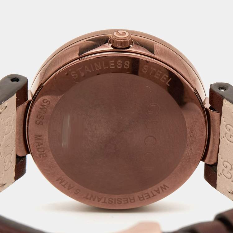 Pre Owned Gucci Brown Ion Plated Stainless Steel Leather Interlocking G 133.3 Women's Wristwatch 37 mm