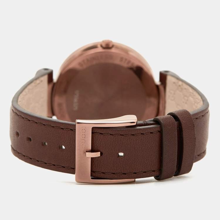Pre Owned Gucci Brown Ion Plated Stainless Steel Leather Interlocking G 133.3 Women's Wristwatch 37 mm