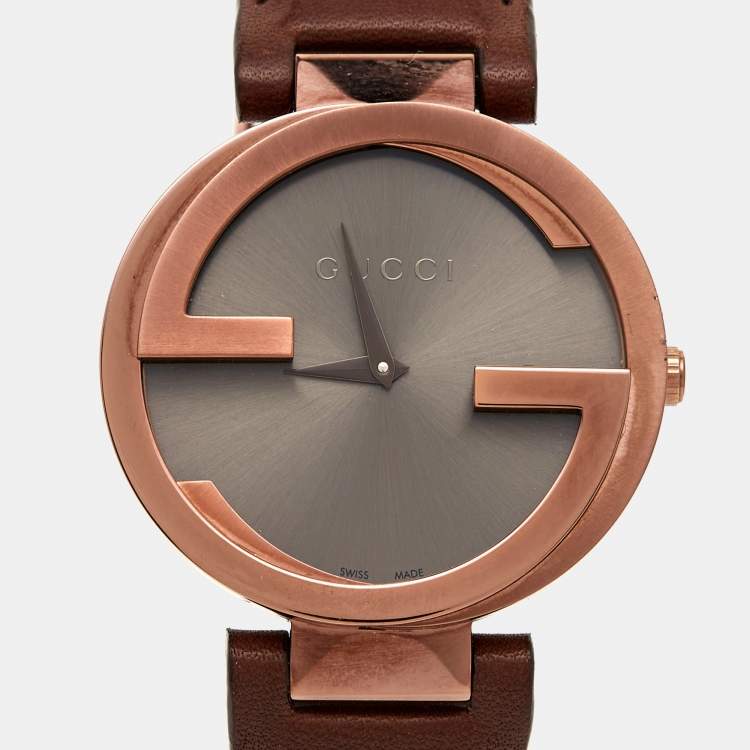 Pre Owned Gucci Brown Ion Plated Stainless Steel Leather Interlocking G 133.3 Women's Wristwatch 37 mm