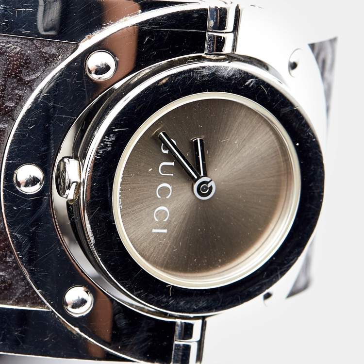 Pre Owned Gucci Bronze Stainless Steel Leather Twirl YA112433 Women's Wristwatch 23 mm 
