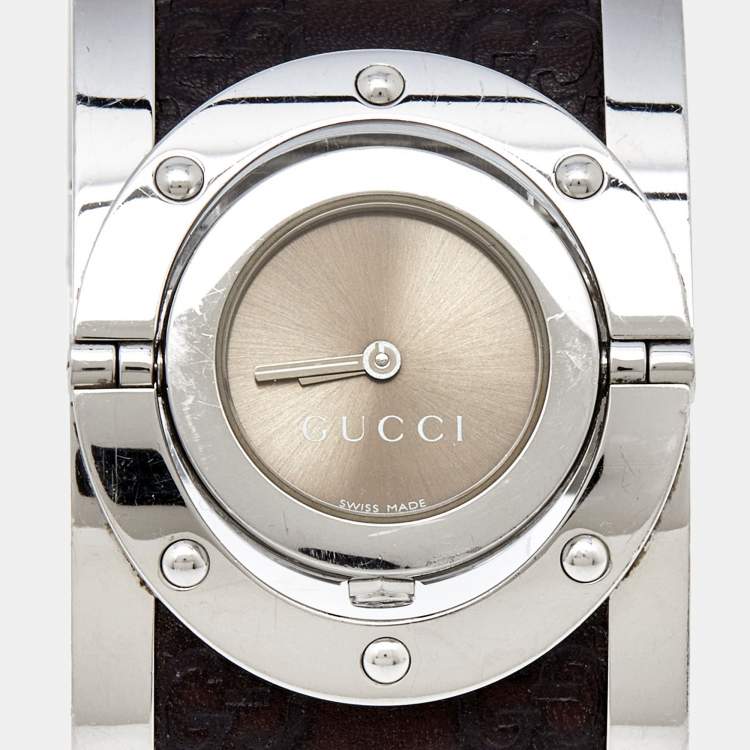 Pre Owned Gucci Bronze Stainless Steel Leather Twirl YA112433 Women's Wristwatch 23 mm 