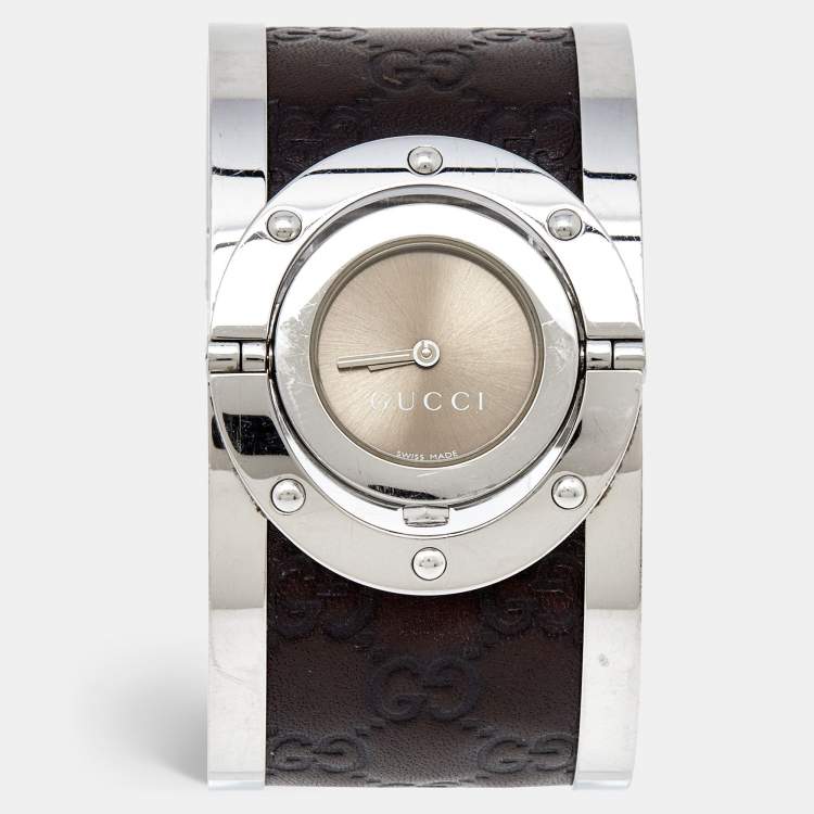 Pre Owned Gucci Bronze Stainless Steel Leather Twirl YA112433 Women's Wristwatch 23 mm 