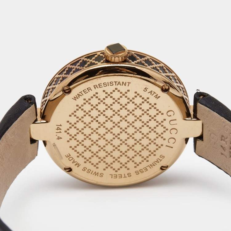 Pre Owned Gucci Black Rose Gold Plated Stainless Steel Leather Diamantissima YA141401 Women's Wristwatch 32 mm