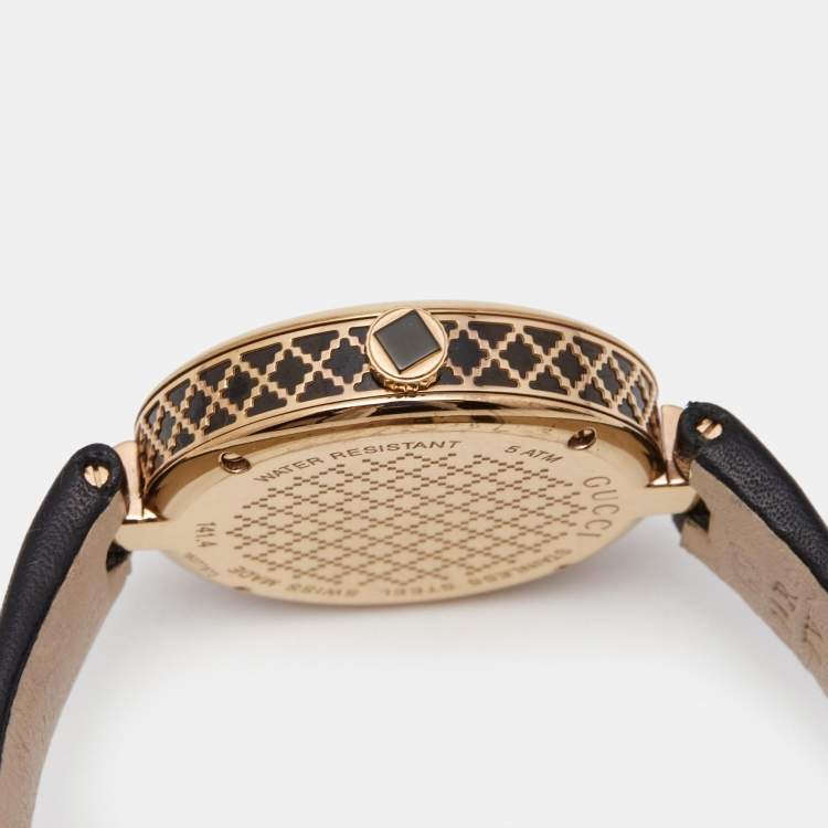 Pre Owned Gucci Black Rose Gold Plated Stainless Steel Leather Diamantissima YA141401 Women's Wristwatch 32 mm