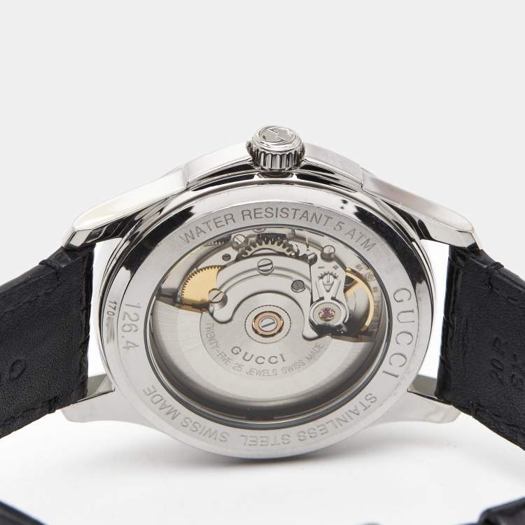 Pre Owned Gucci Black Stainless Steel Alligator Leather G-Timeless YA126469 Women's Wristwatch 38 mm