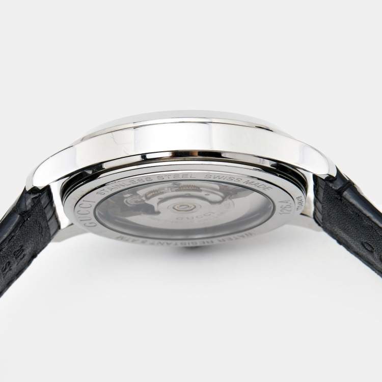 Pre Owned Gucci Black Stainless Steel Alligator Leather G-Timeless YA126469 Women's Wristwatch 38 mm