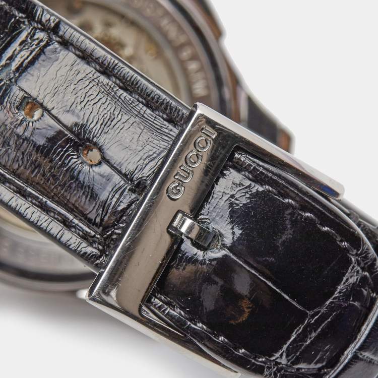 Pre Owned Gucci Black Stainless Steel Alligator Leather G-Timeless YA126469 Women's Wristwatch 38 mm