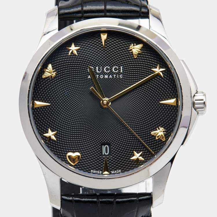 Pre Owned Gucci Black Stainless Steel Alligator Leather G-Timeless YA126469 Women's Wristwatch 38 mm