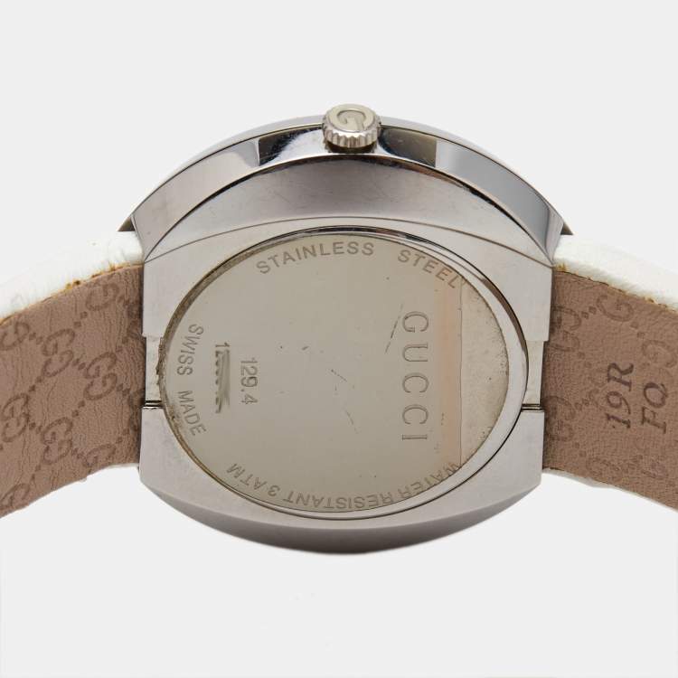 Pre Owned Gucci Silver Stainless Steel Leather U-Play 129.4 Women's Wristwatch 35 mm