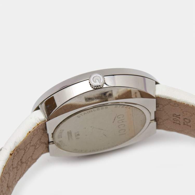 Pre Owned Gucci Silver Stainless Steel Leather U-Play 129.4 Women's Wristwatch 35 mm