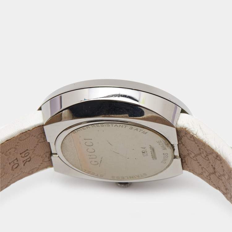 Pre Owned Gucci Silver Stainless Steel Leather U-Play 129.4 Women's Wristwatch 35 mm