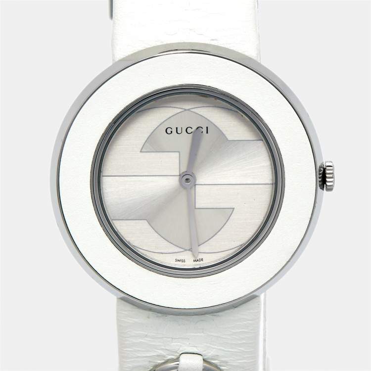Pre Owned Gucci Silver Stainless Steel Leather U-Play 129.4 Women's Wristwatch 35 mm