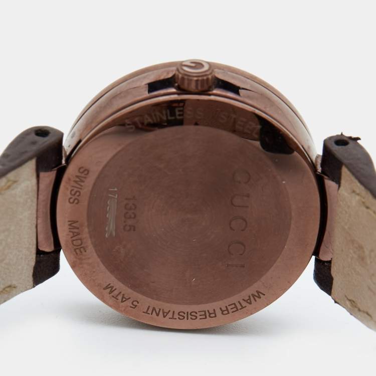 Pre Owned Gucci Brown Ion Plated Stainless Steel Leather Interlocking G 133.5 Women's Wristwatch 29 mm