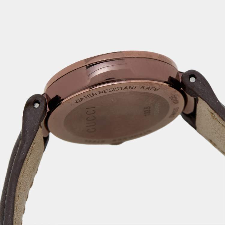 Pre Owned Gucci Brown Ion Plated Stainless Steel Leather Interlocking G 133.5 Women's Wristwatch 29 mm